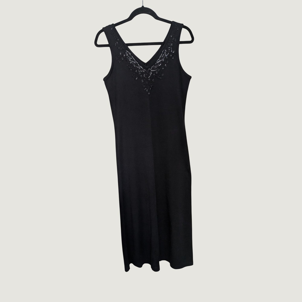 VTG Carole Little Black Beaded V-Neck Sleeveless Knit Midi Dress Medium